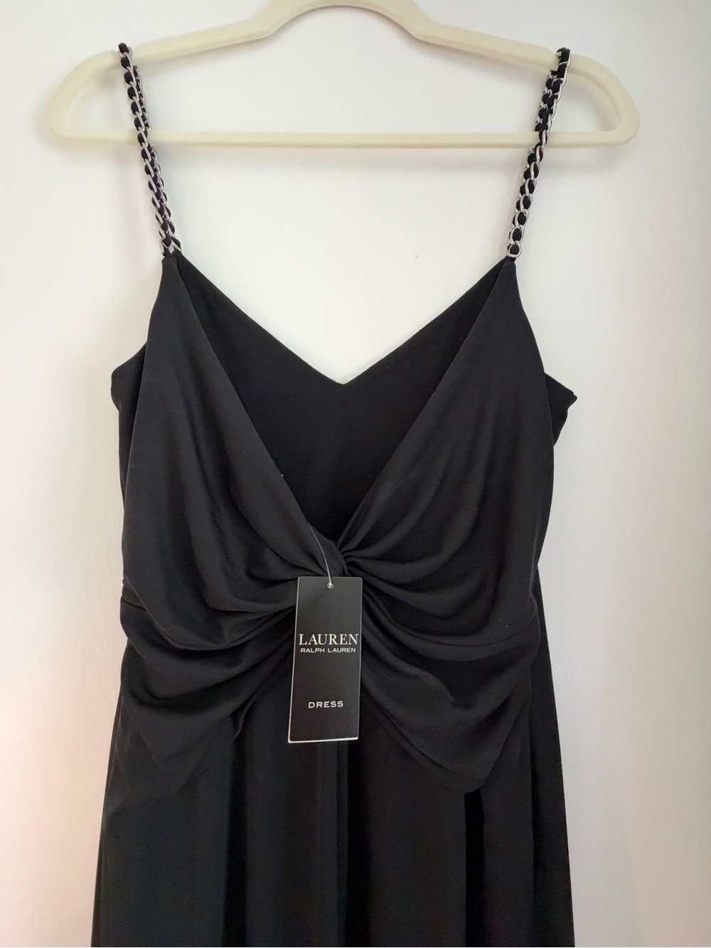 Ralph Lauren Black Strapless Draped Knot Front Dress with Chain-Trim Straps